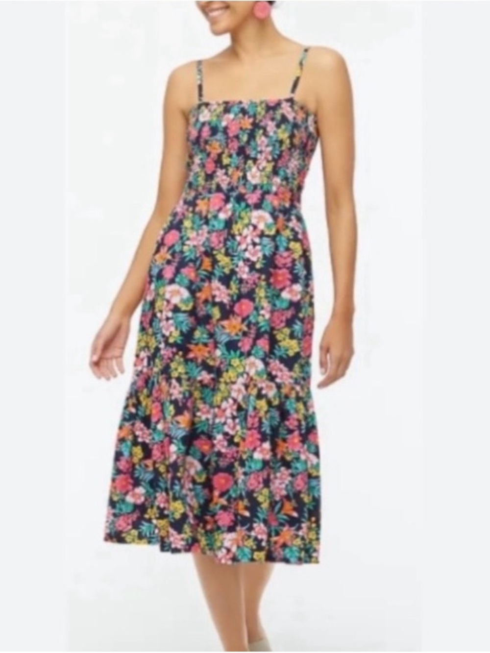 J. Crew Black Floral Smocked Midi Dress